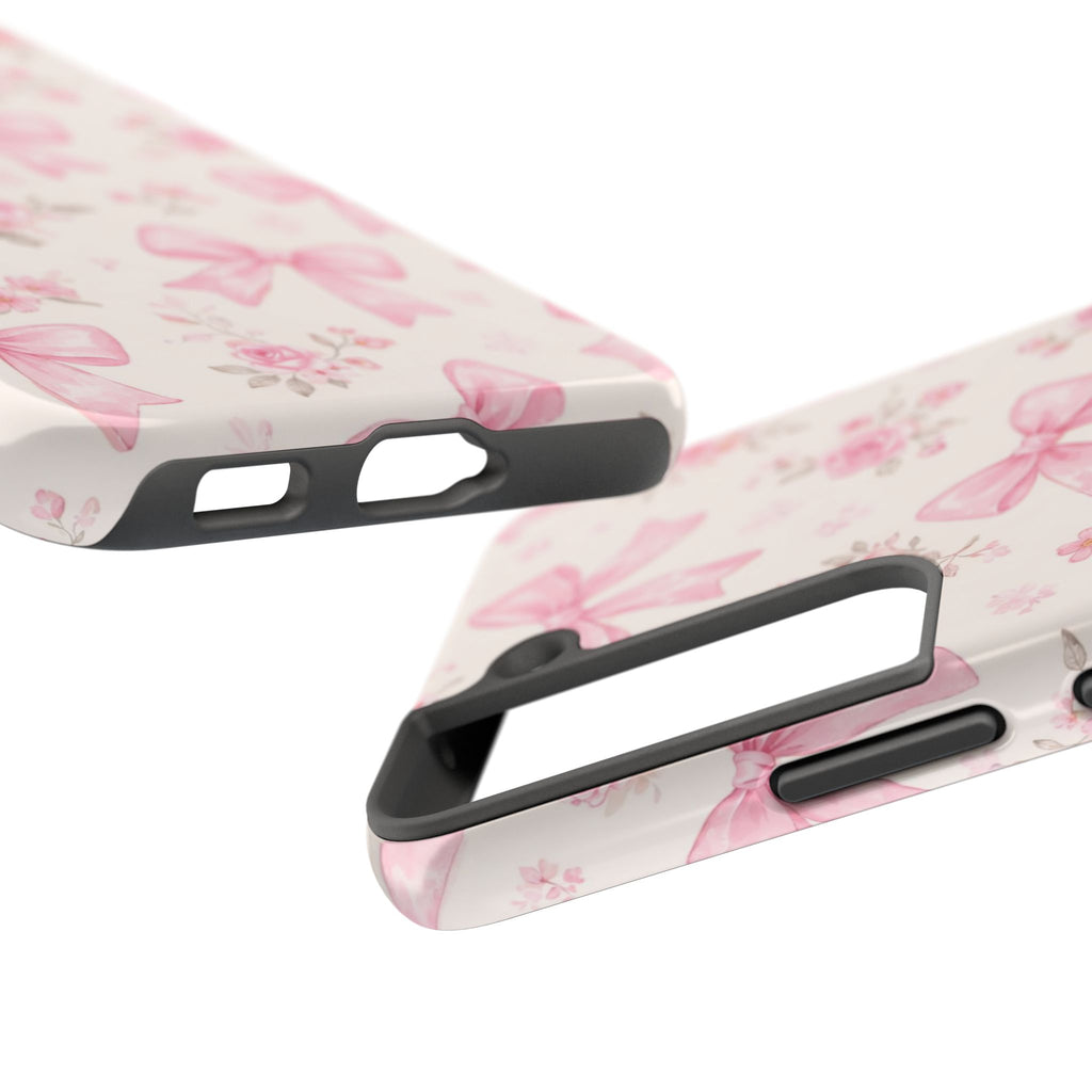 Pink Watercolor Bows Tough Phone Case, Floral Ribbon Pattern