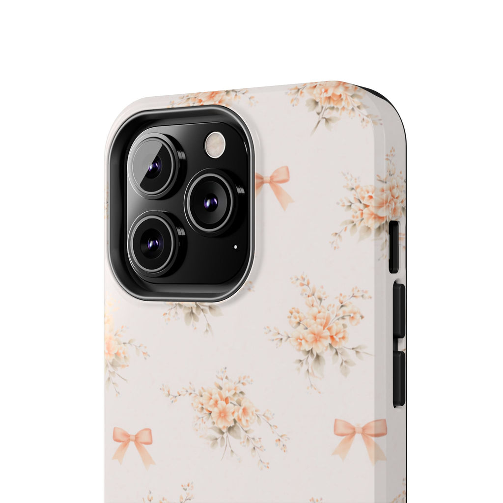Vintage Peach Floral Bouquet iPhone Case, Tough Pastel Bow Pattern