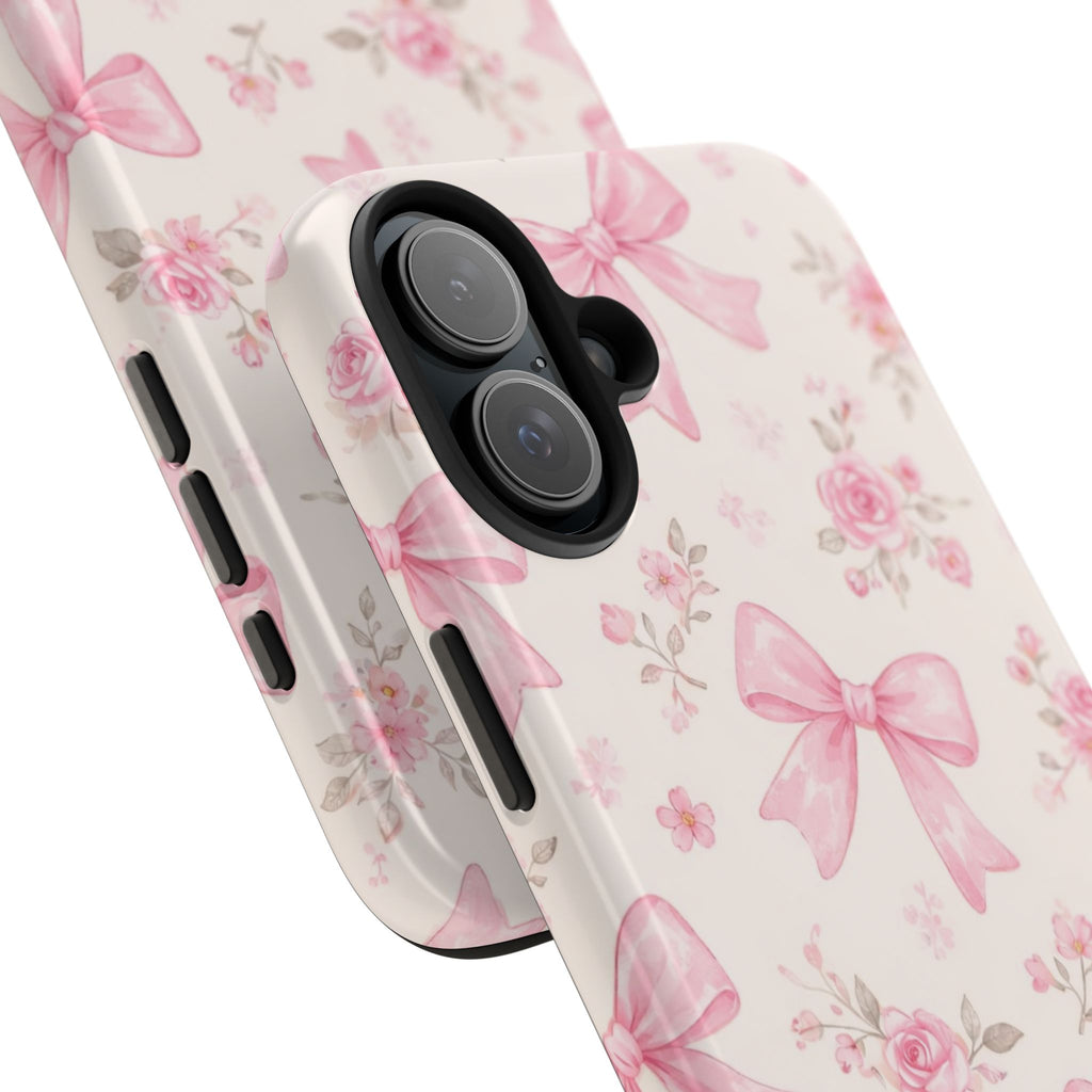 Pink Bow Floral Phone Case, Cute Vintage Rose Pattern