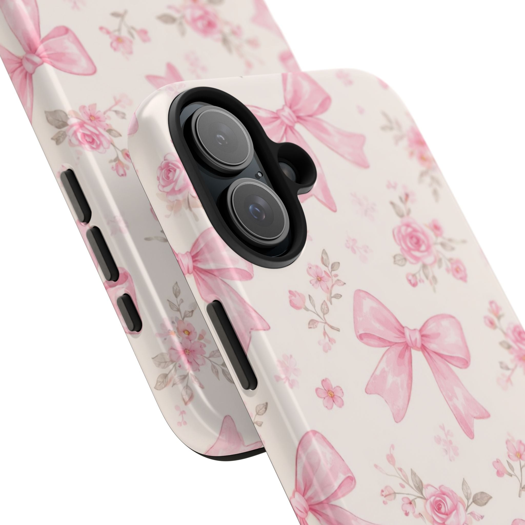 Pink Bow Floral Phone Case, Cute Vintage Rose Pattern