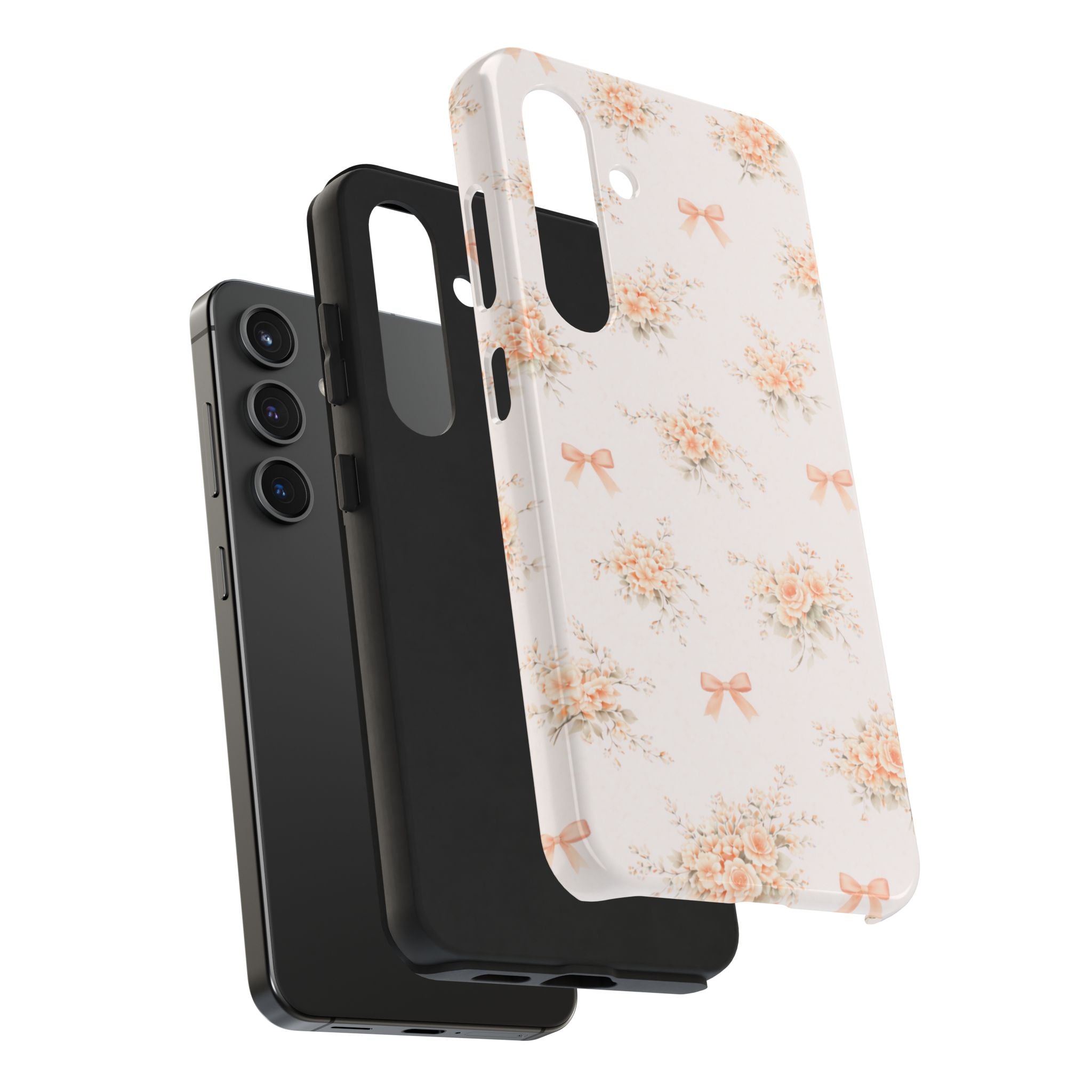 Vintage Peach Floral Bouquet Samsung Galaxy Case, Bow Pattern Pastel Floral