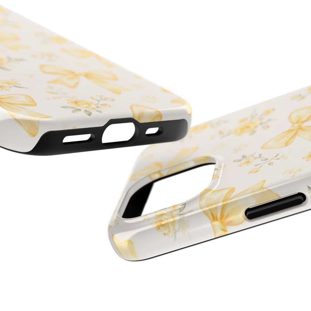 Yellow Bow Floral Phone Case, Cute Yellow Ribbon Pattern