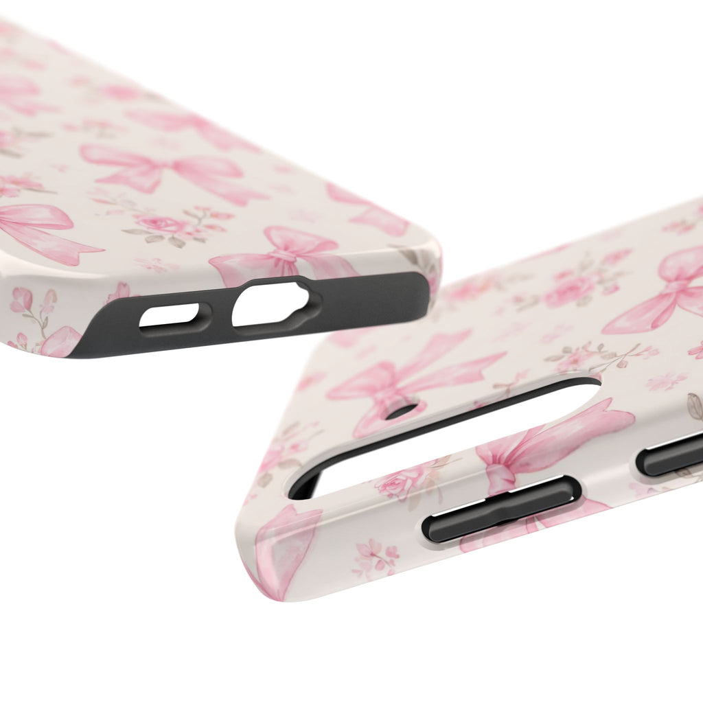 Pink Watercolor Bows Tough Phone Case, Floral Ribbon Pattern