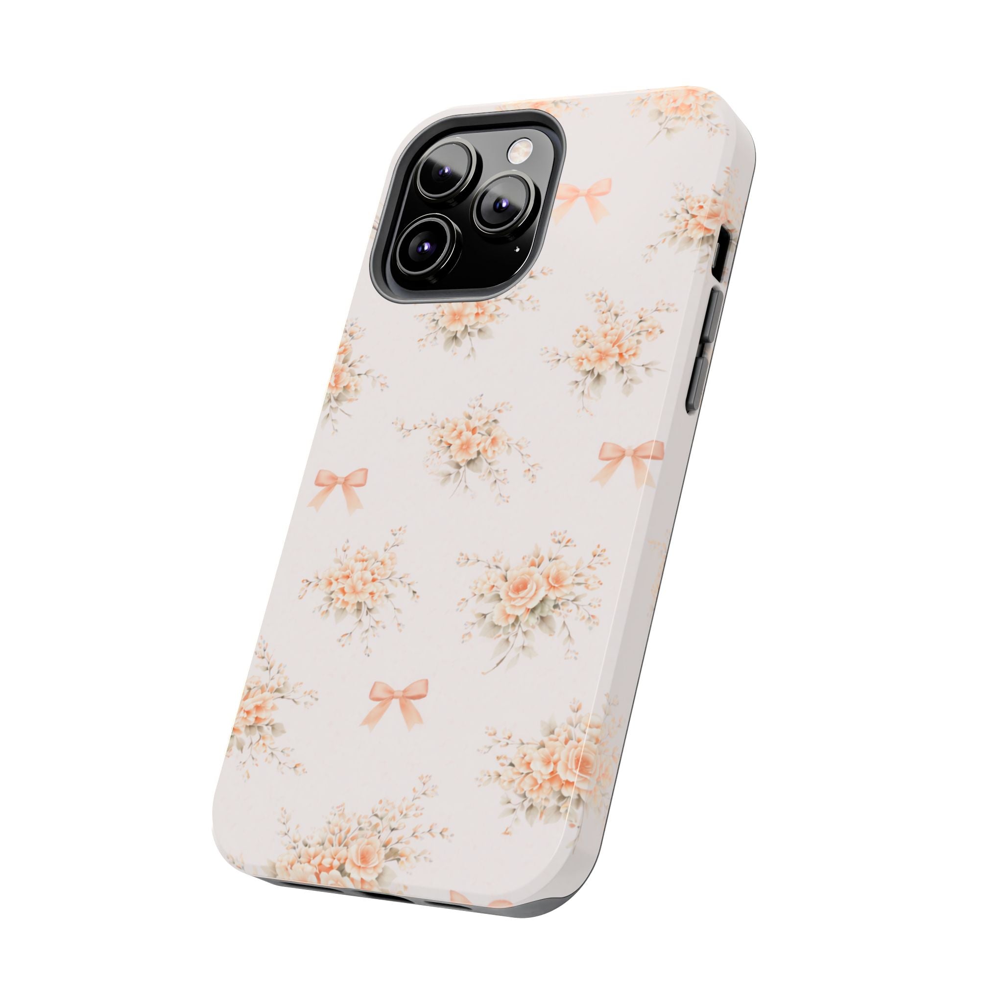 Vintage Peach Floral Bouquet iPhone Case, Tough Pastel Bow Pattern