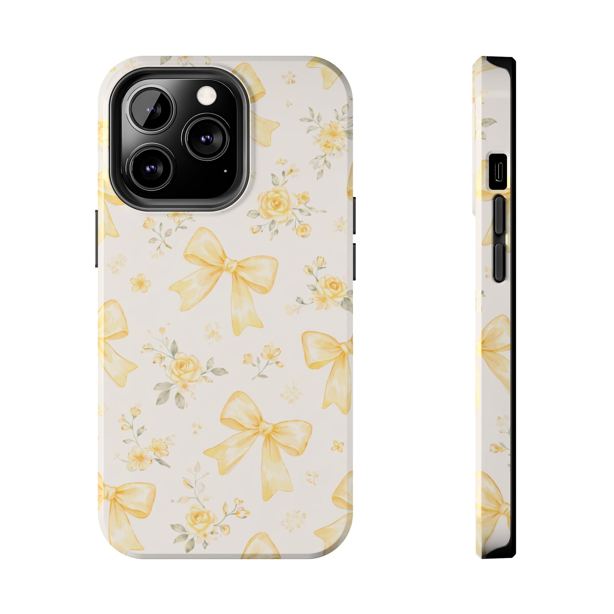 Yellow Bow Floral Phone Case, Cute Yellow Ribbon Pattern