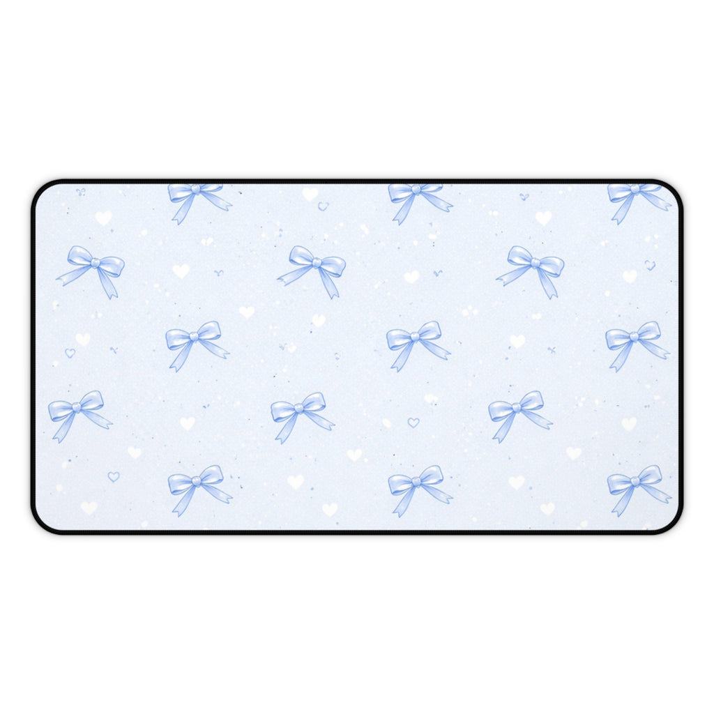 Blue Bow Pattern Desk Mat | Cute Pastel Hearts Mousepad Deskpad