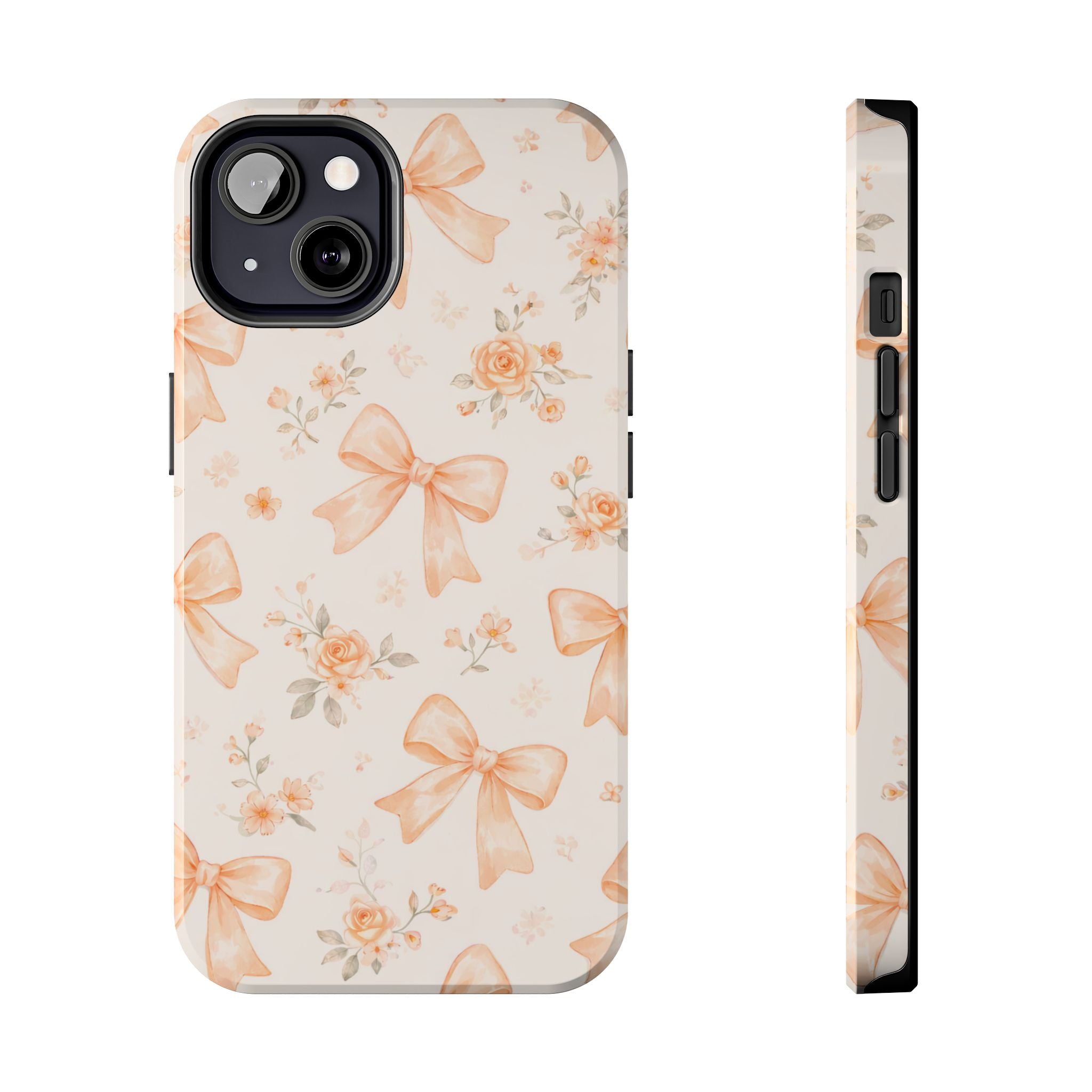 Peach Bow Floral Pattern Tough Phone Case, Peach Ribbon Design