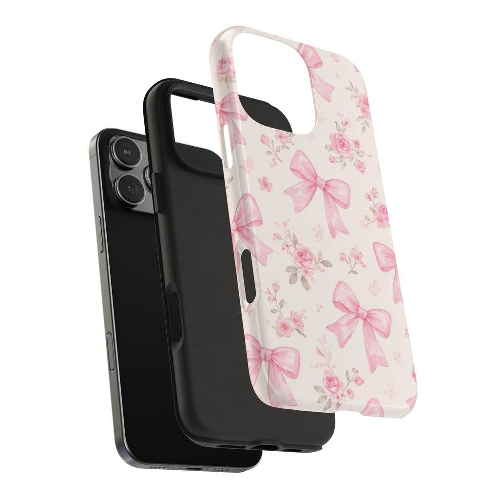 Pink Bow Floral Phone Case, Cute Vintage Rose Pattern