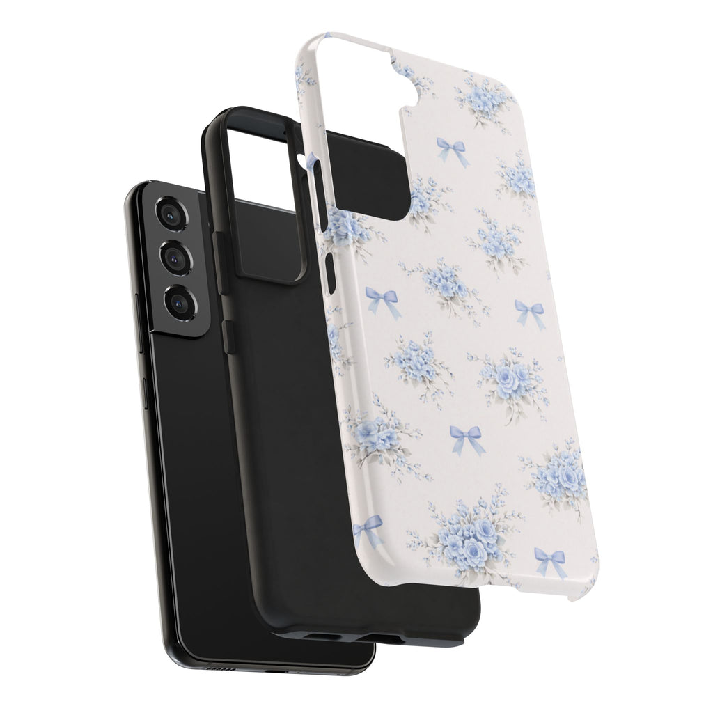 Blue Floral Bows Tough Samsung Galaxy Phone Case, Vintage Bouquet Pattern