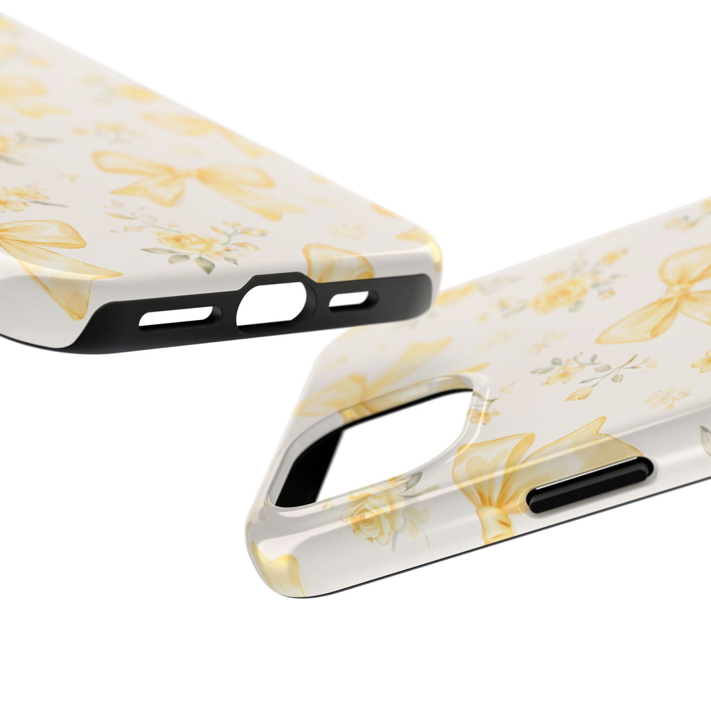Yellow Bow Floral Phone Case, Cute Yellow Ribbon Pattern