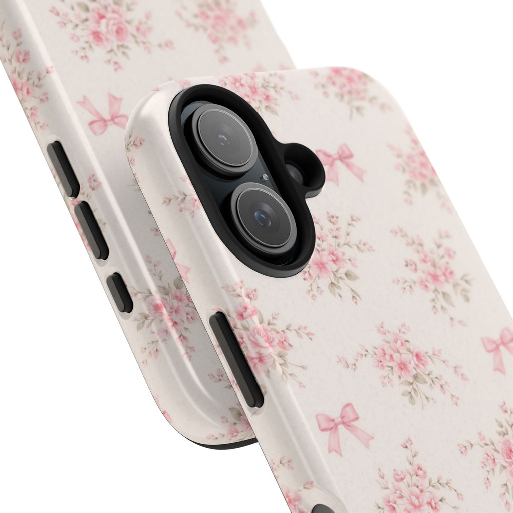 Pink Floral Bouquet iPhone Case, Vintage Roses Bows Pastel Pattern