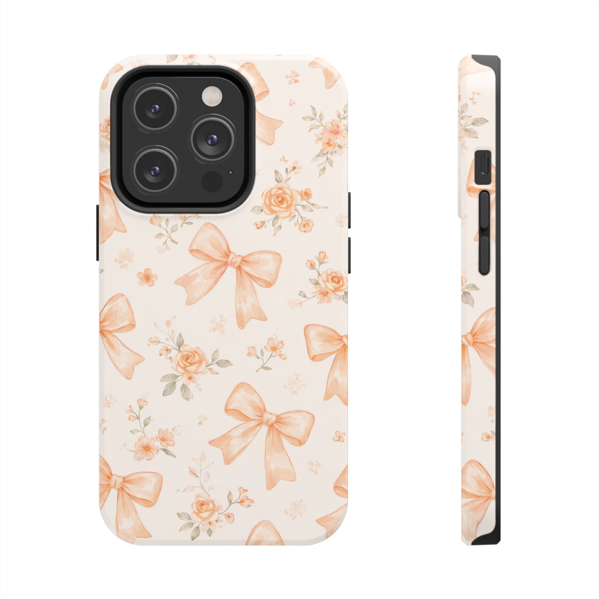 Peach Bow Floral Pattern Tough Phone Case, Peach Ribbon Design