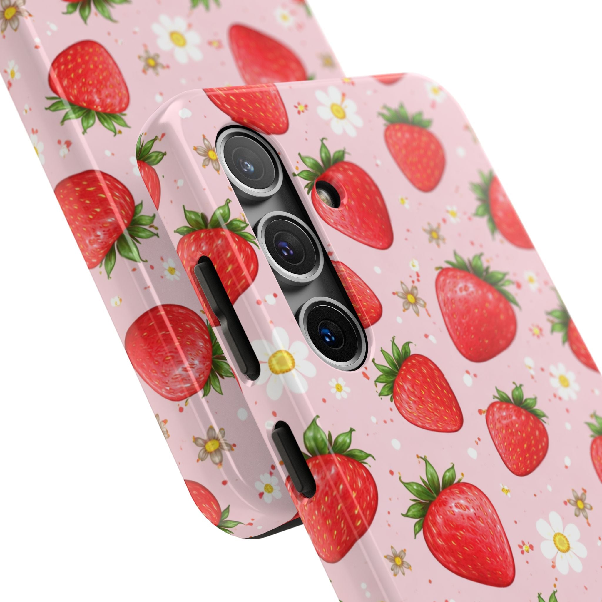 Pink Floral Strawberry Tough Phone Case, Fruit Pattern