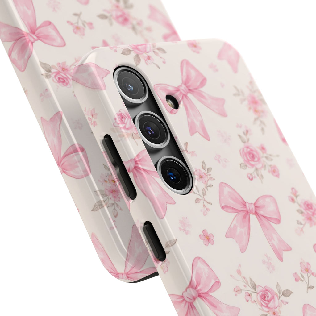 Pink Watercolor Bows Tough Phone Case, Floral Ribbon Pattern
