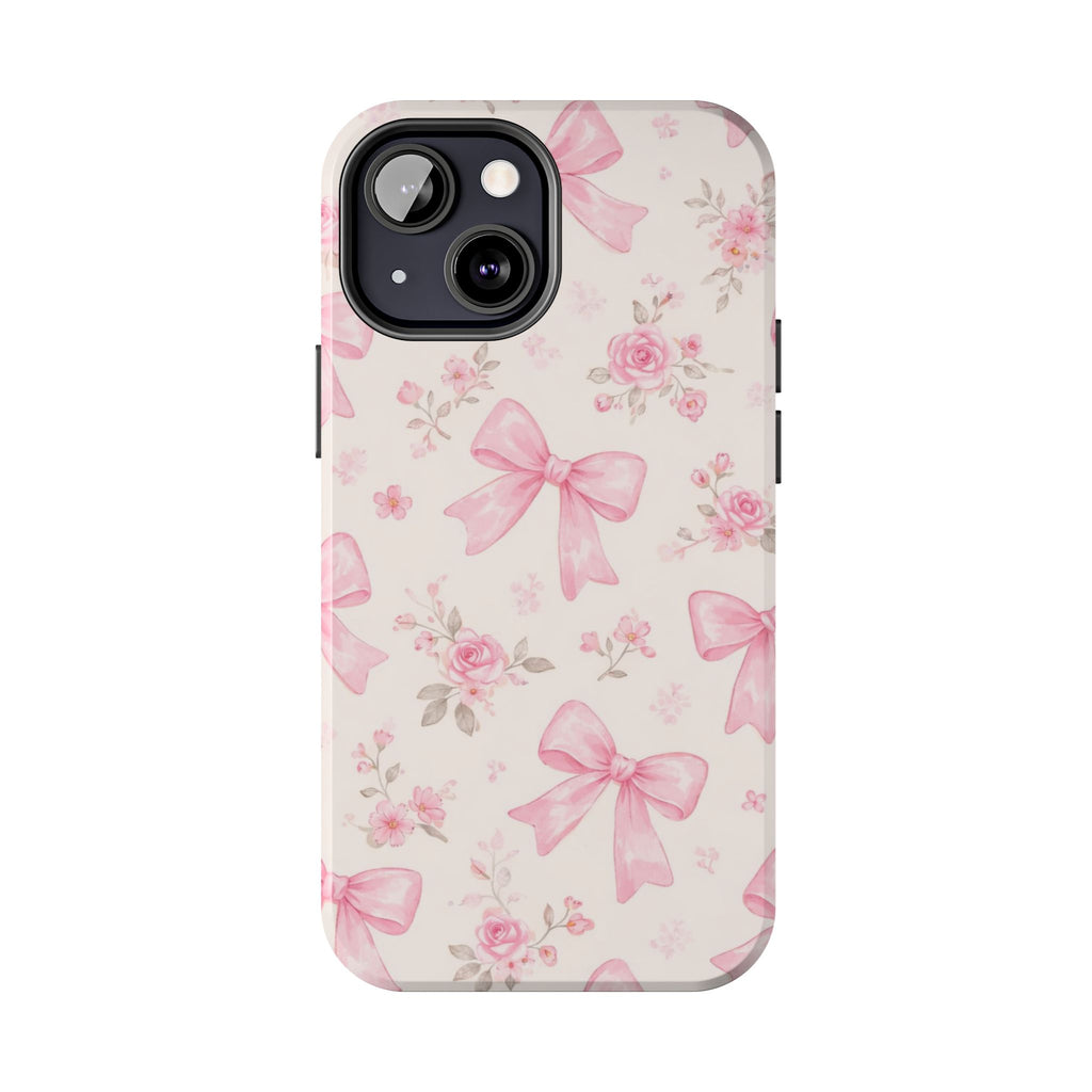 Pink Bow Floral Phone Case, Cute Vintage Rose Pattern