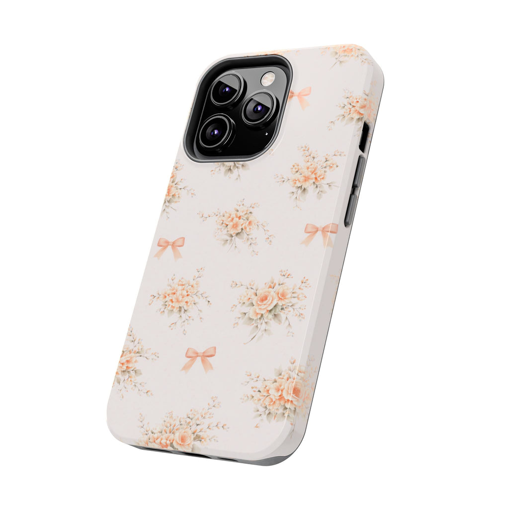 Vintage Peach Floral Bouquet iPhone Case, Tough Pastel Bow Pattern