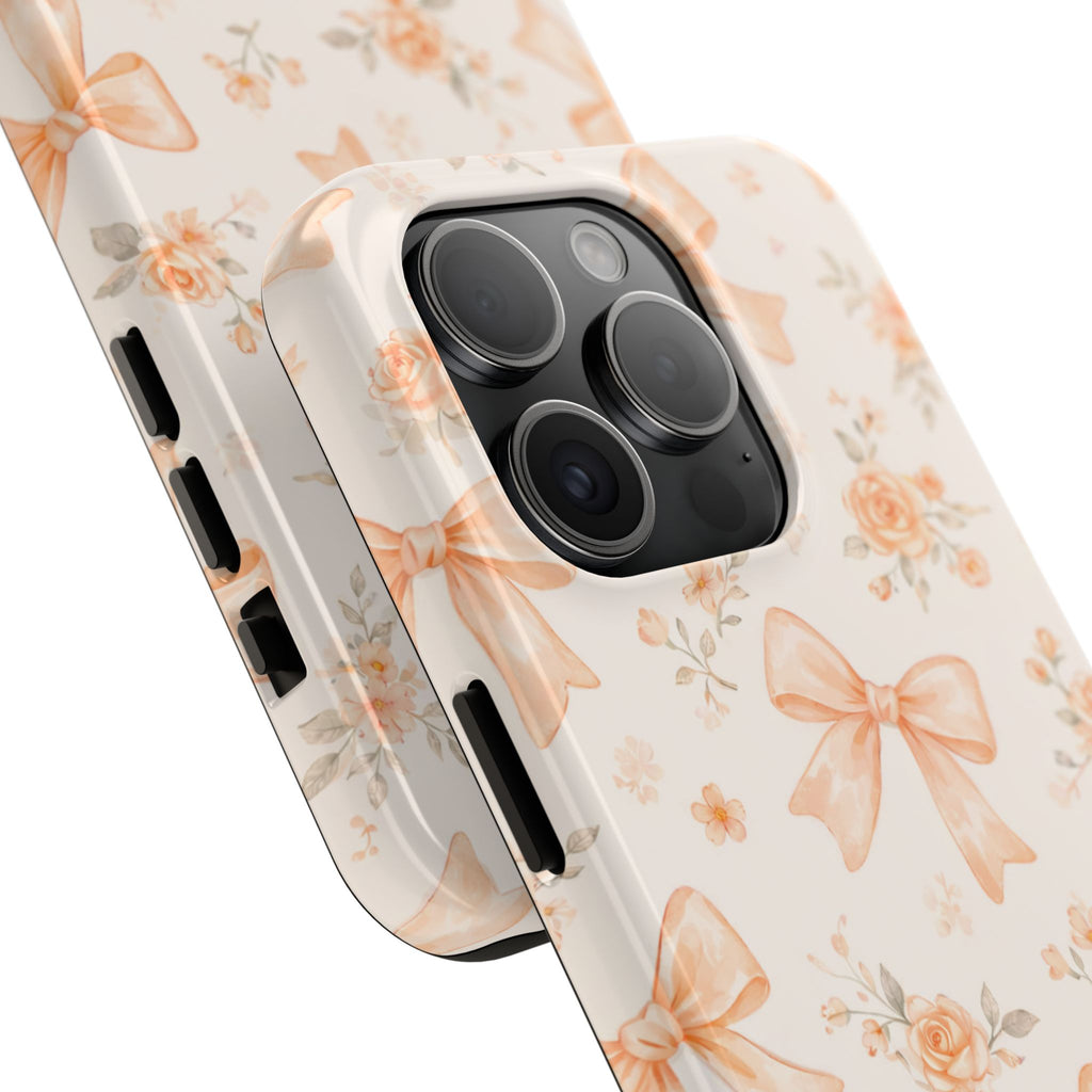 Peach Bow Floral Pattern Tough Phone Case, Peach Ribbon Design