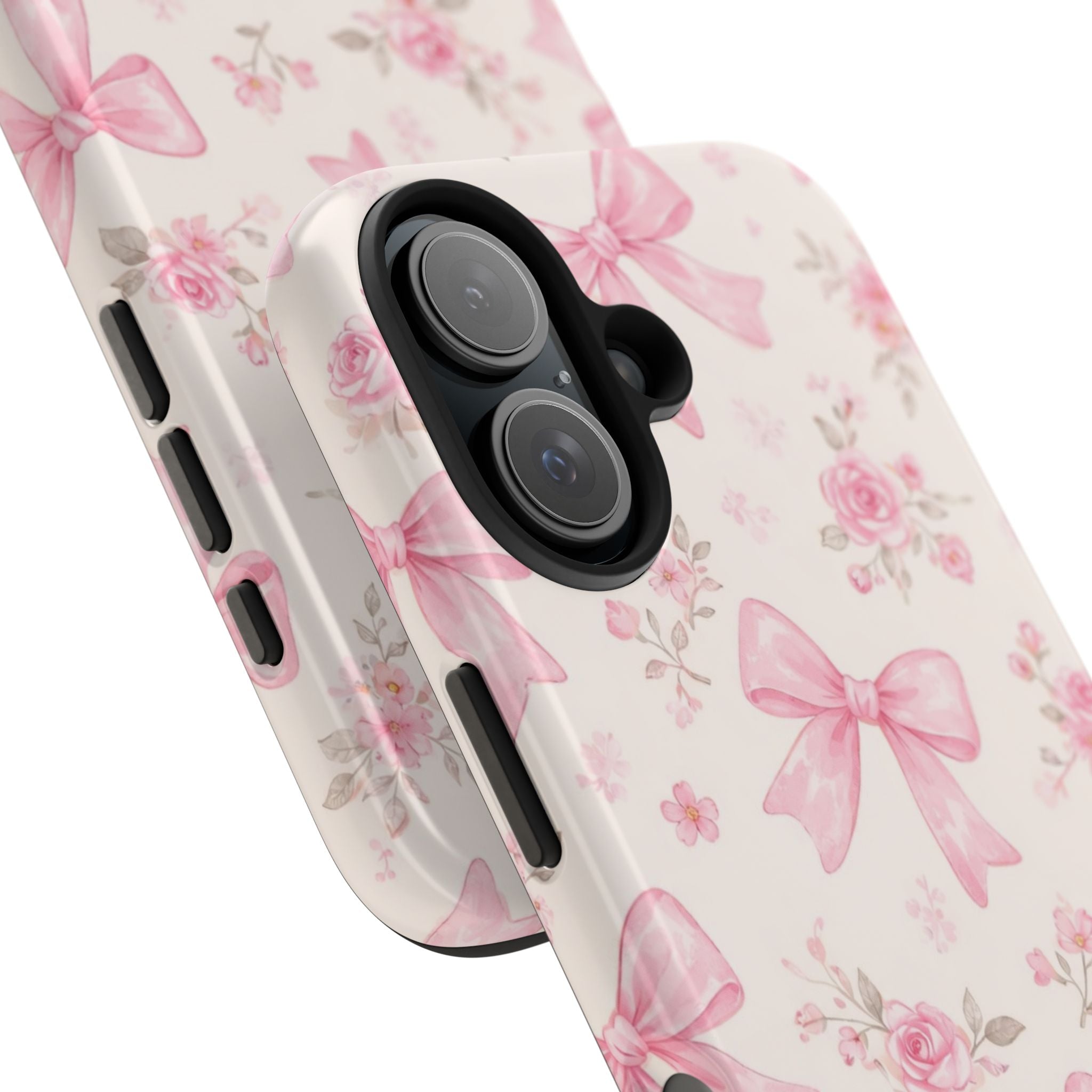 Pink Bow Floral Phone Case, Cute Vintage Rose Pattern