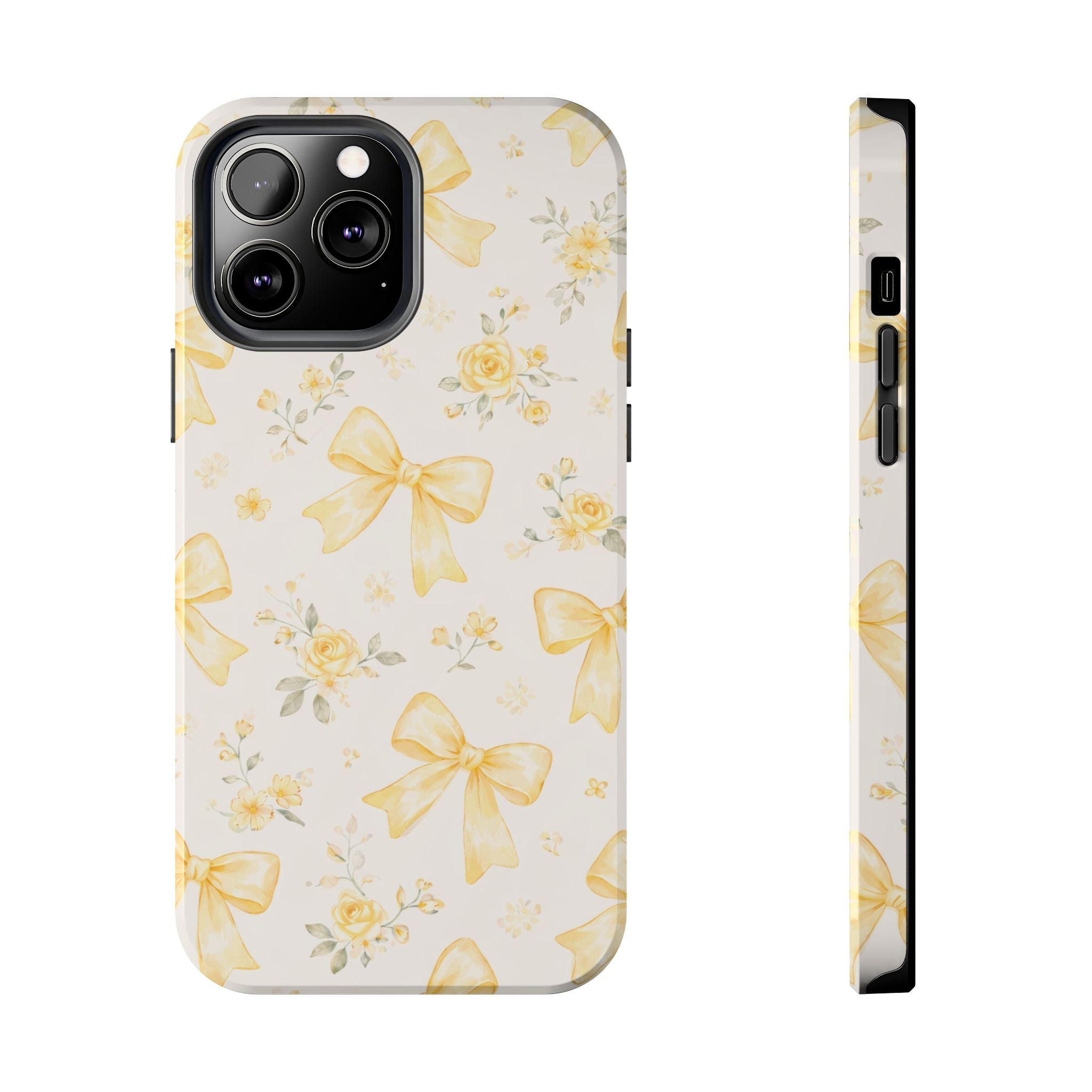 Yellow Bow Floral Phone Case, Cute Yellow Ribbon Pattern