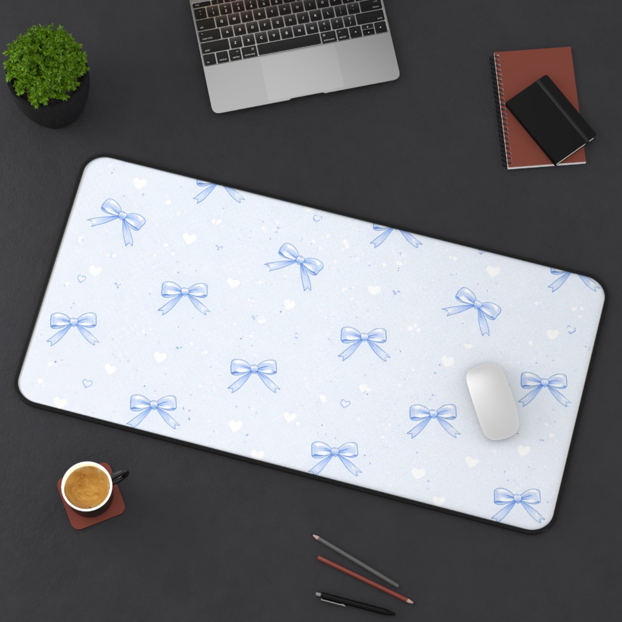 Blue Bow Pattern Desk Mat | Cute Pastel Hearts Mousepad Deskpad