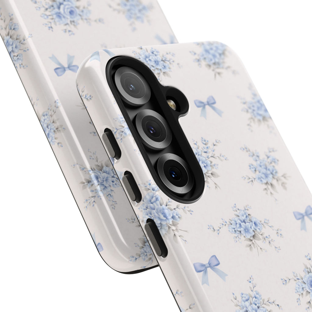 Blue Floral Bows Tough Samsung Galaxy Phone Case, Vintage Bouquet Pattern
