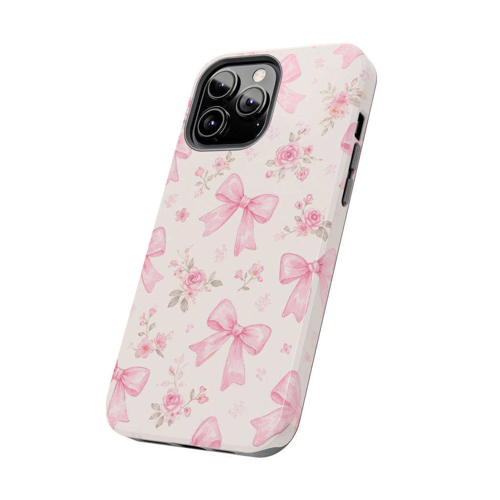 Pink Bow Floral Phone Case, Cute Vintage Rose Pattern