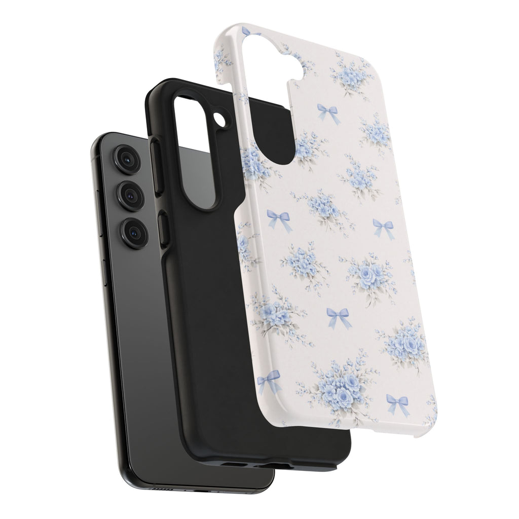 Blue Floral Bows Tough Samsung Galaxy Phone Case, Vintage Bouquet Pattern