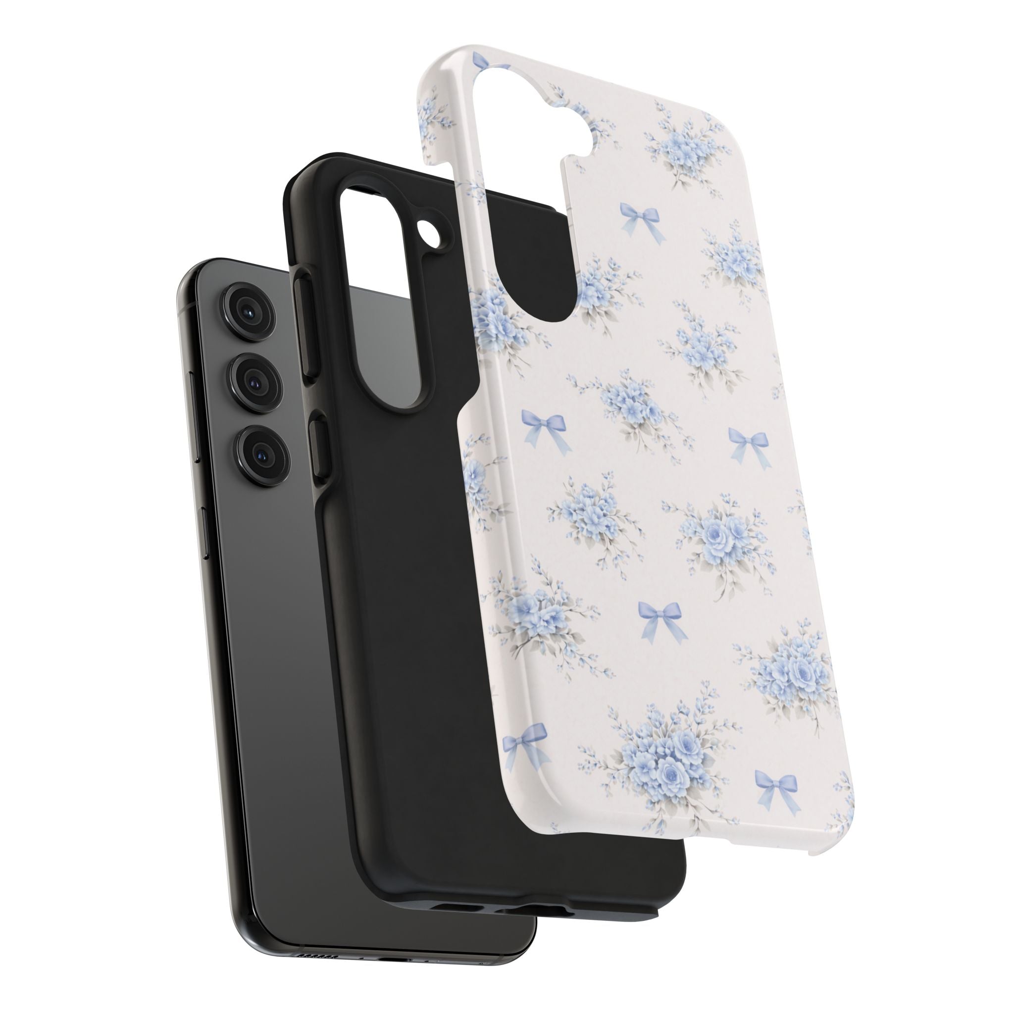 Blue Floral Bows Tough Samsung Galaxy Phone Case, Vintage Bouquet Pattern