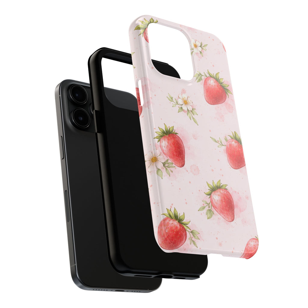 Watercolor Strawberry Phone Case, Pink Floral Fruit Pattern