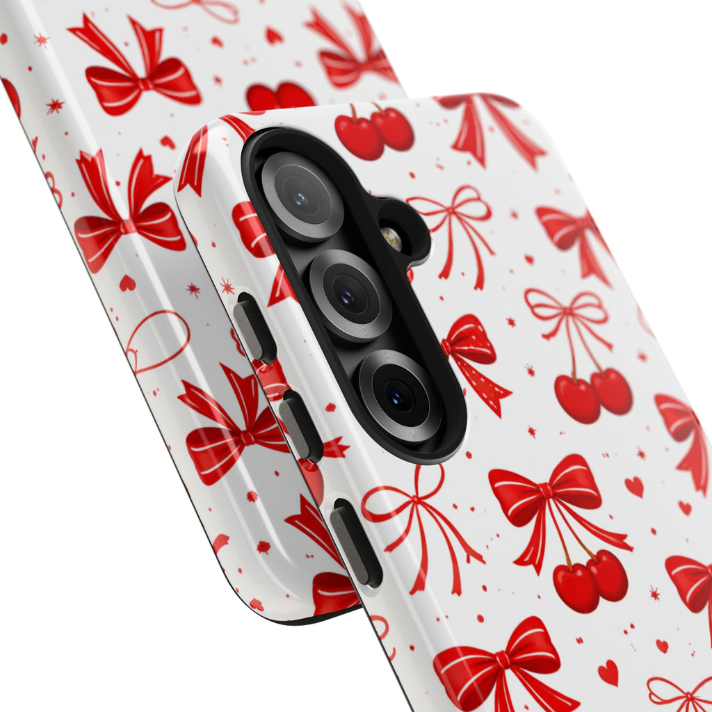 Red Bows and Cherries Tough Phone Case, Cherry Bow Pattern