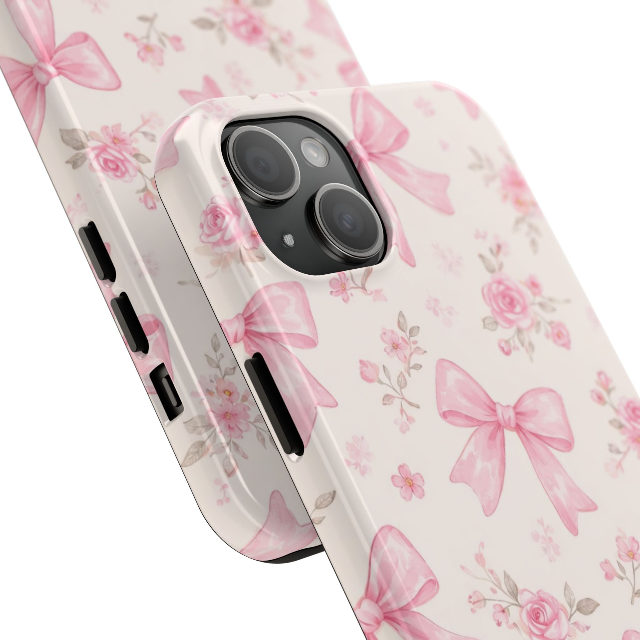 Pink Bow Floral Phone Case, Cute Vintage Rose Pattern