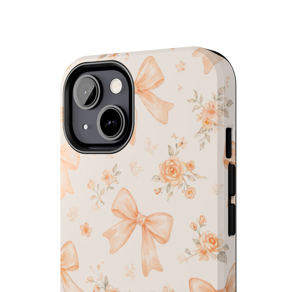 Peach Bow Floral Pattern Tough Phone Case, Peach Ribbon Design