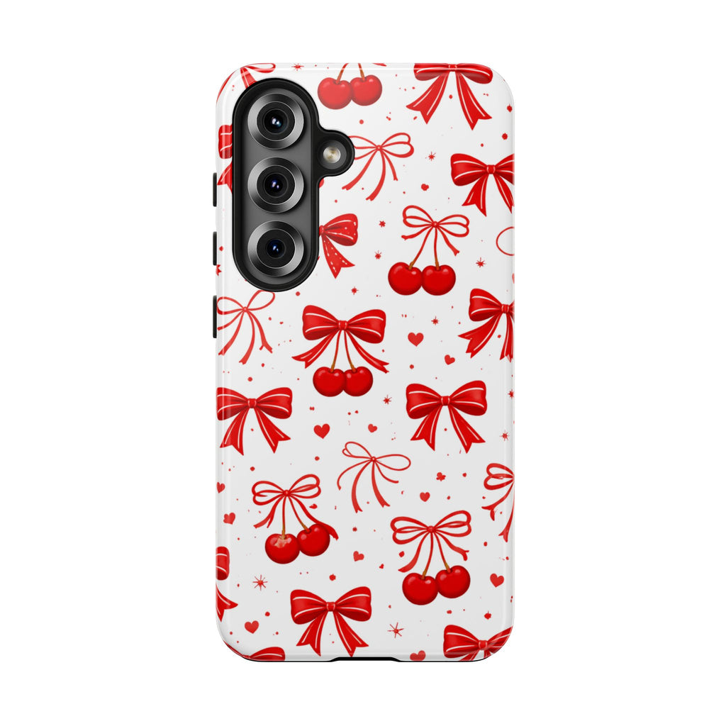 Red Bows and Cherries Tough Phone Case, Cherry Bow Pattern