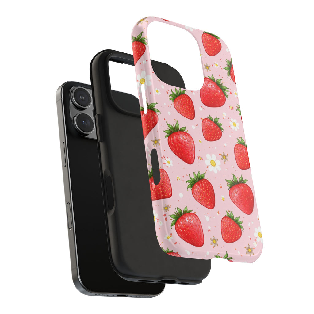 Pink Strawberry Print Phone Case, Soft Fruit Pattern