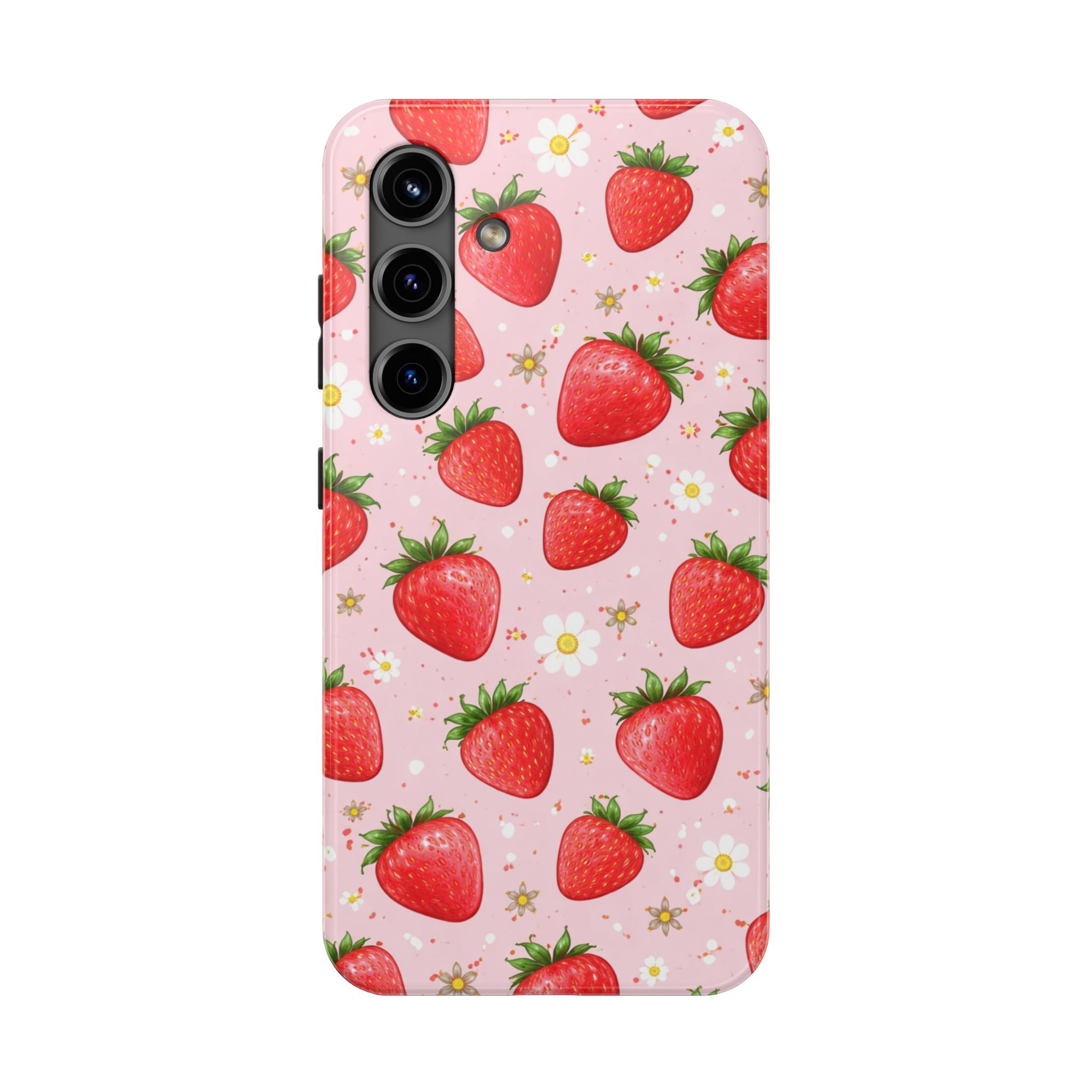 Pink Floral Strawberry Tough Phone Case, Fruit Pattern