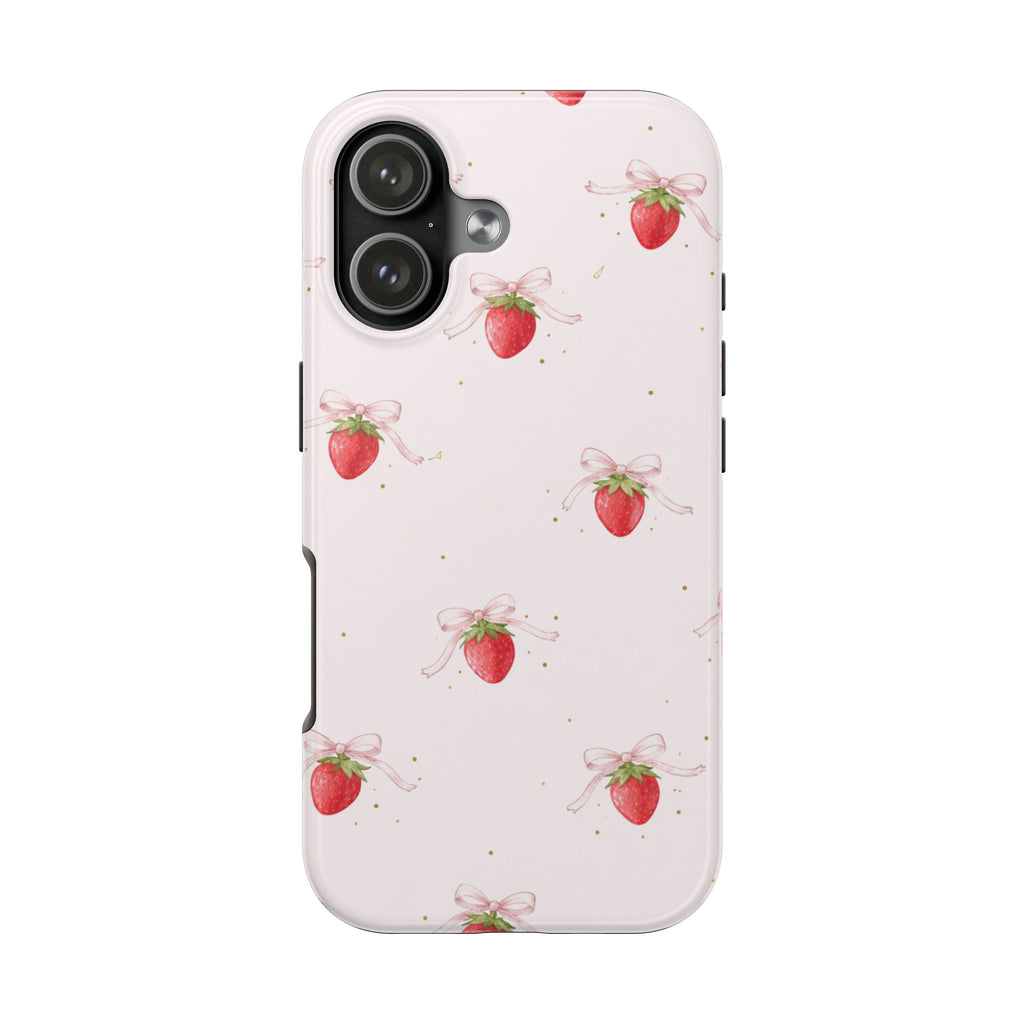 Pink Strawberry Pattern Tough Phone Case, Pastel Fruit Print