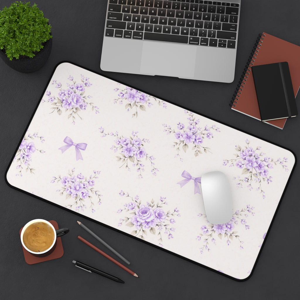 Lavender Floral Bouquet Desk Mat | Purple Ribbon Pattern