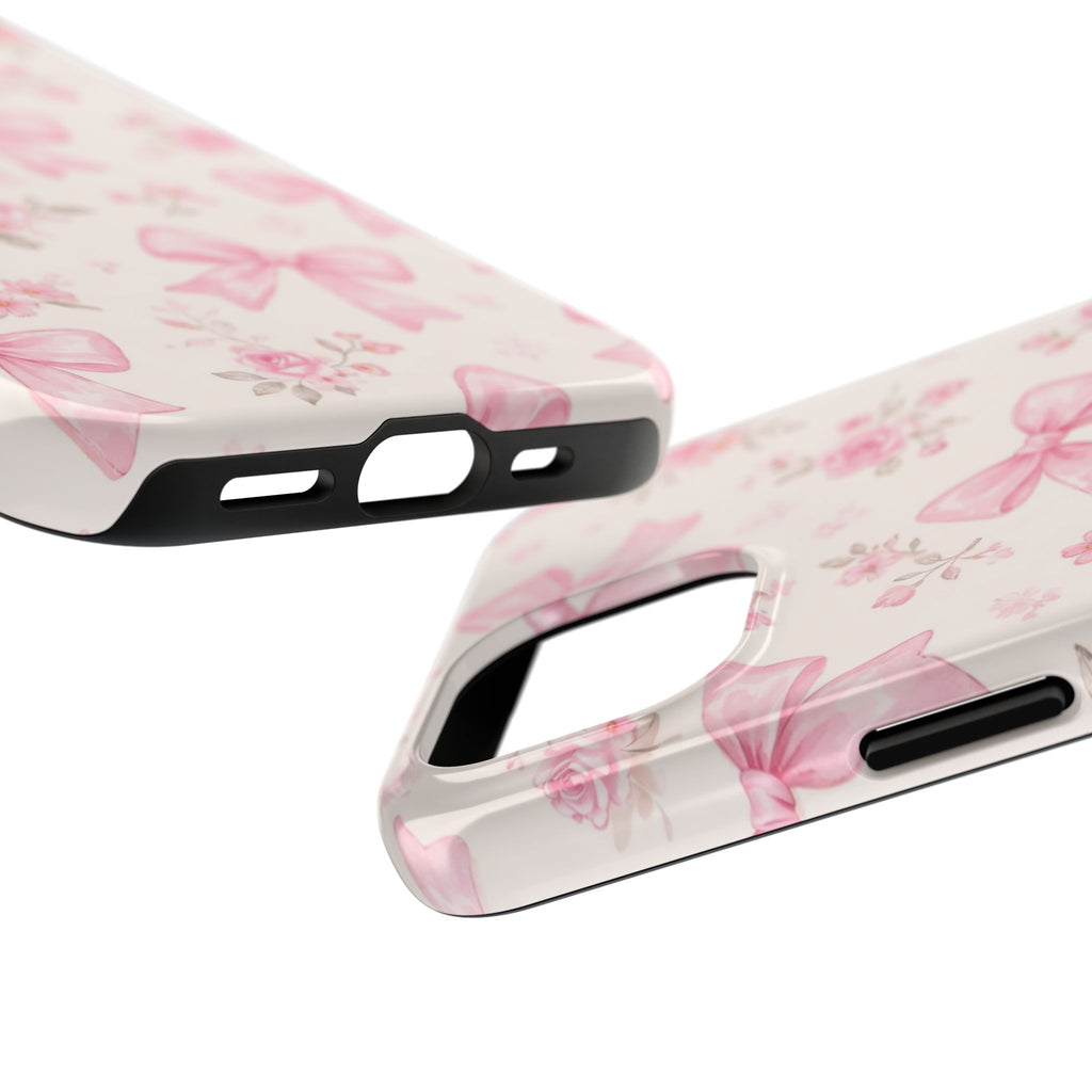 Pink Bow Floral Phone Case, Cute Vintage Rose Pattern