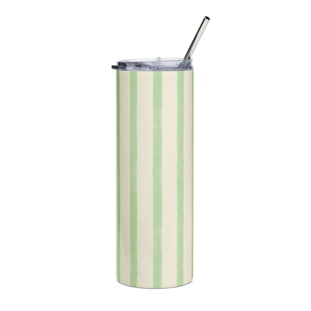 Sage Green Striped 20oz Stainless Steel Tumbler - Slim Insulated Travel Cup with Straw