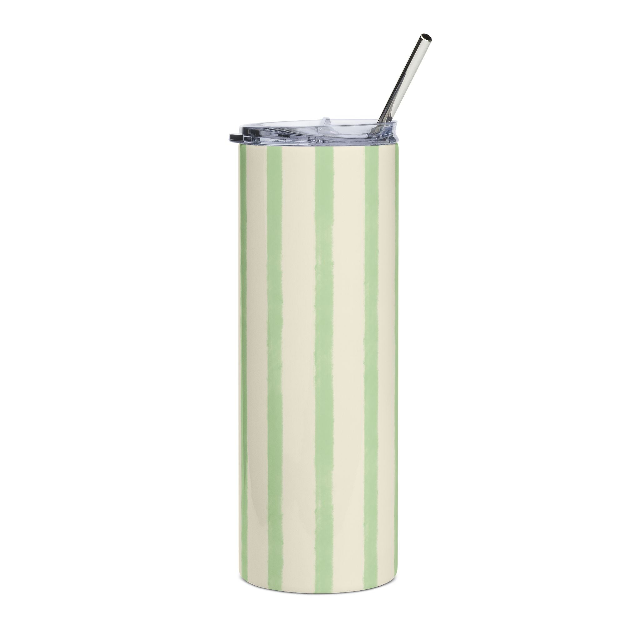 Sage Green Striped 20oz Stainless Steel Tumbler - Slim Insulated Travel Cup with Straw