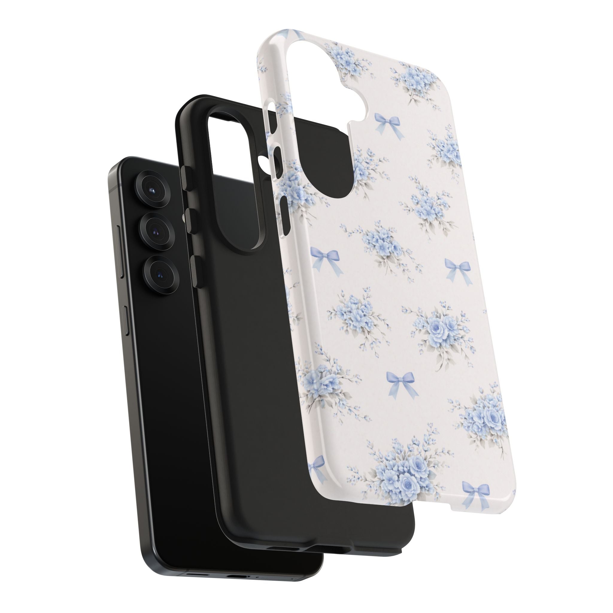 Blue Floral Bows Tough Samsung Galaxy Phone Case, Vintage Bouquet Pattern
