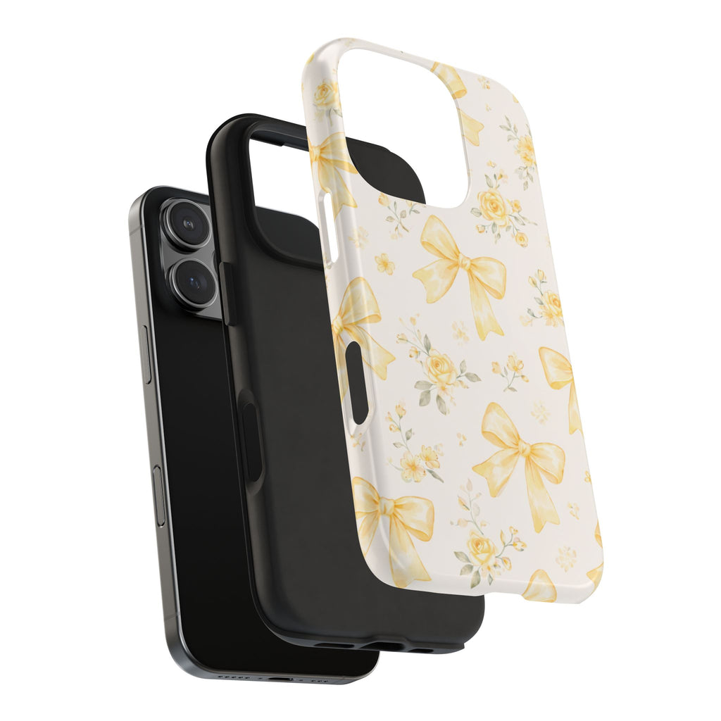 Yellow Bow Floral Phone Case, Cute Yellow Ribbon Pattern