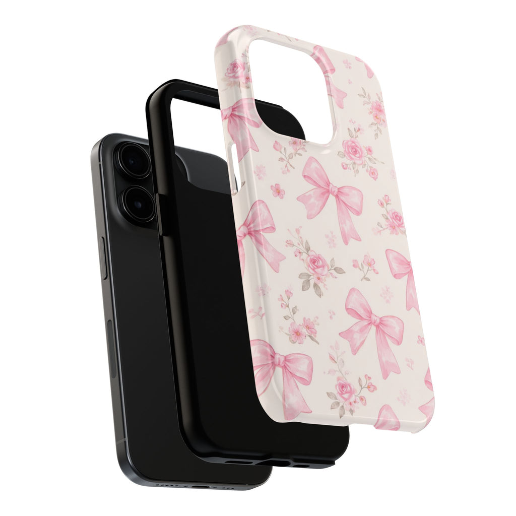 Pink Bow Floral Phone Case, Cute Vintage Rose Pattern