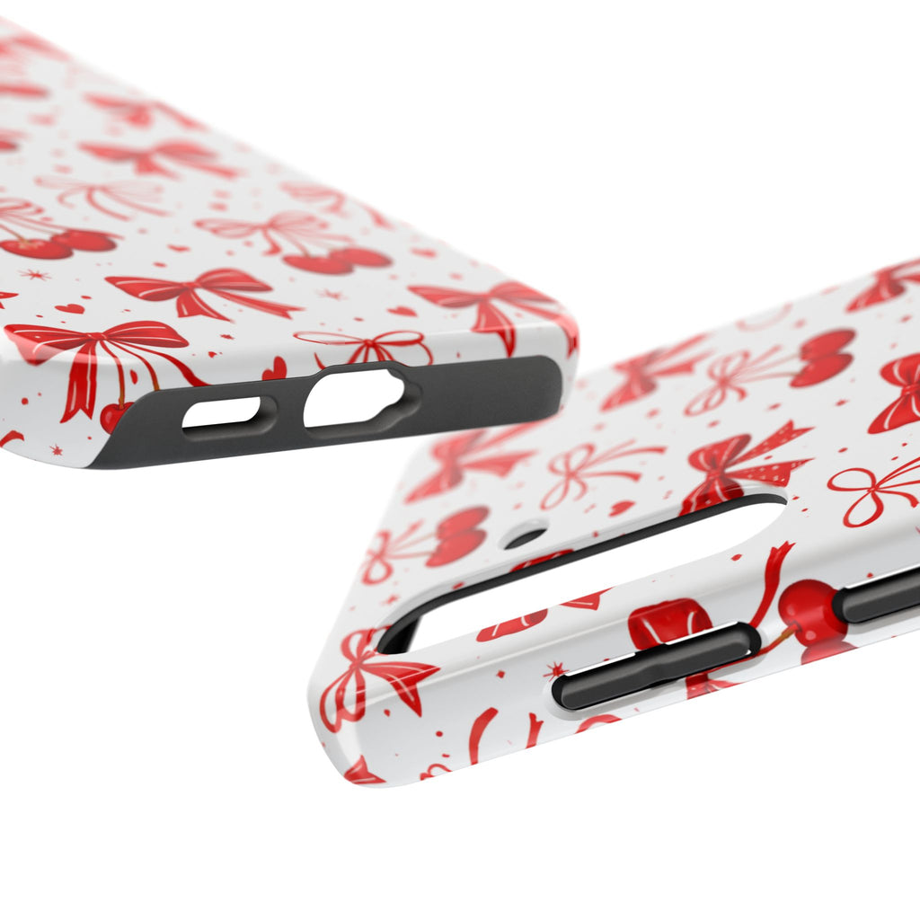 Red Bows and Cherries Tough Phone Case, Cherry Bow Pattern