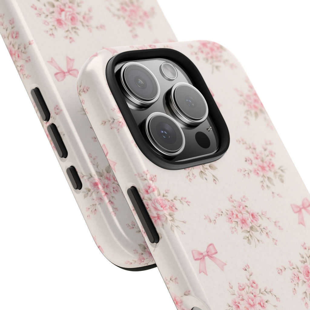 Pink Floral Bouquet iPhone Case, Vintage Roses Bows Pastel Pattern