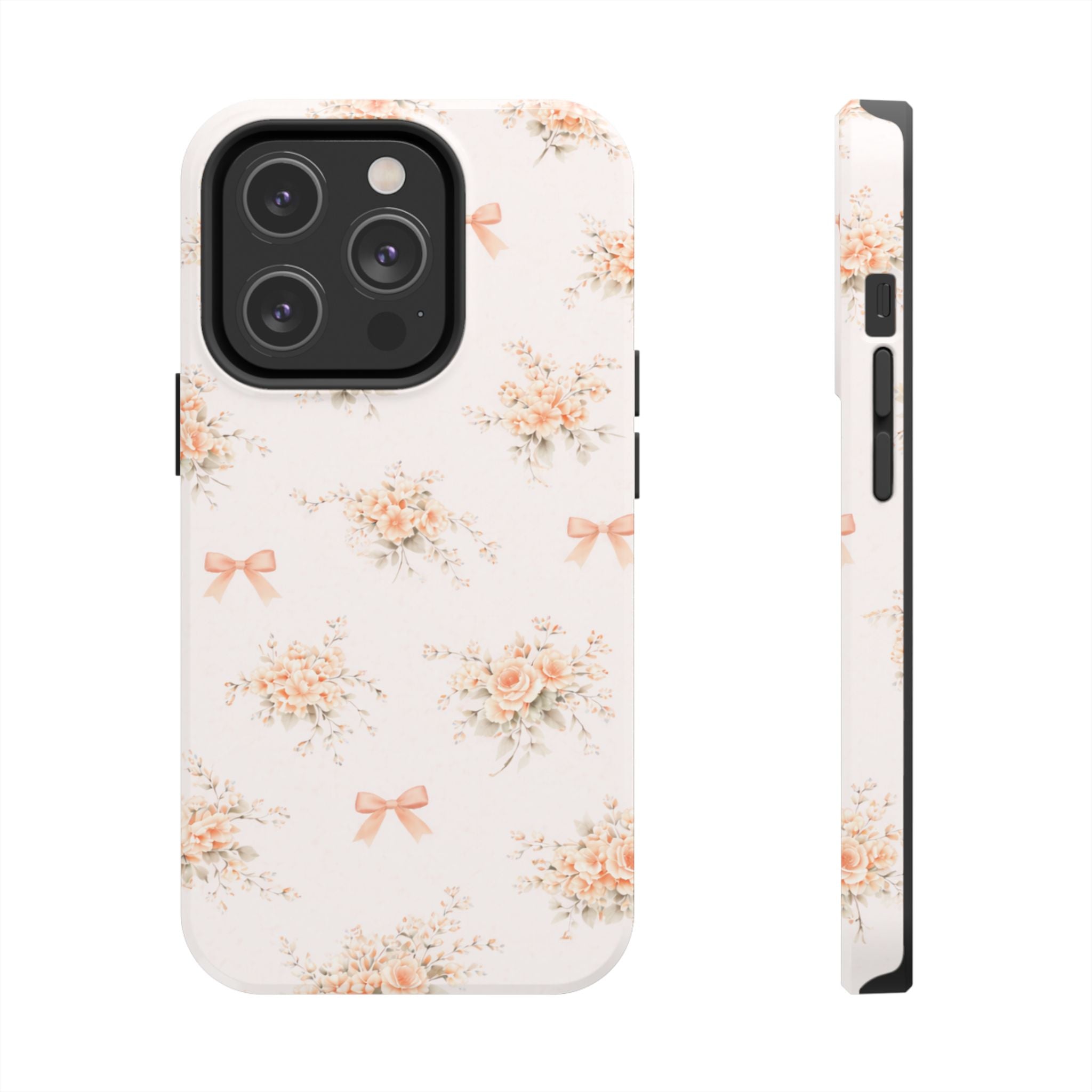 Vintage Peach Floral Bouquet iPhone Case, Tough Pastel Bow Pattern