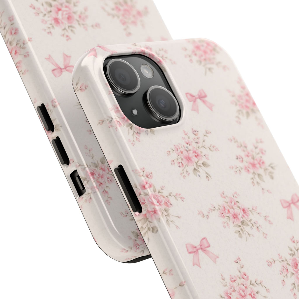 Pink Floral Bouquet iPhone Case, Vintage Roses Bows Pastel Pattern
