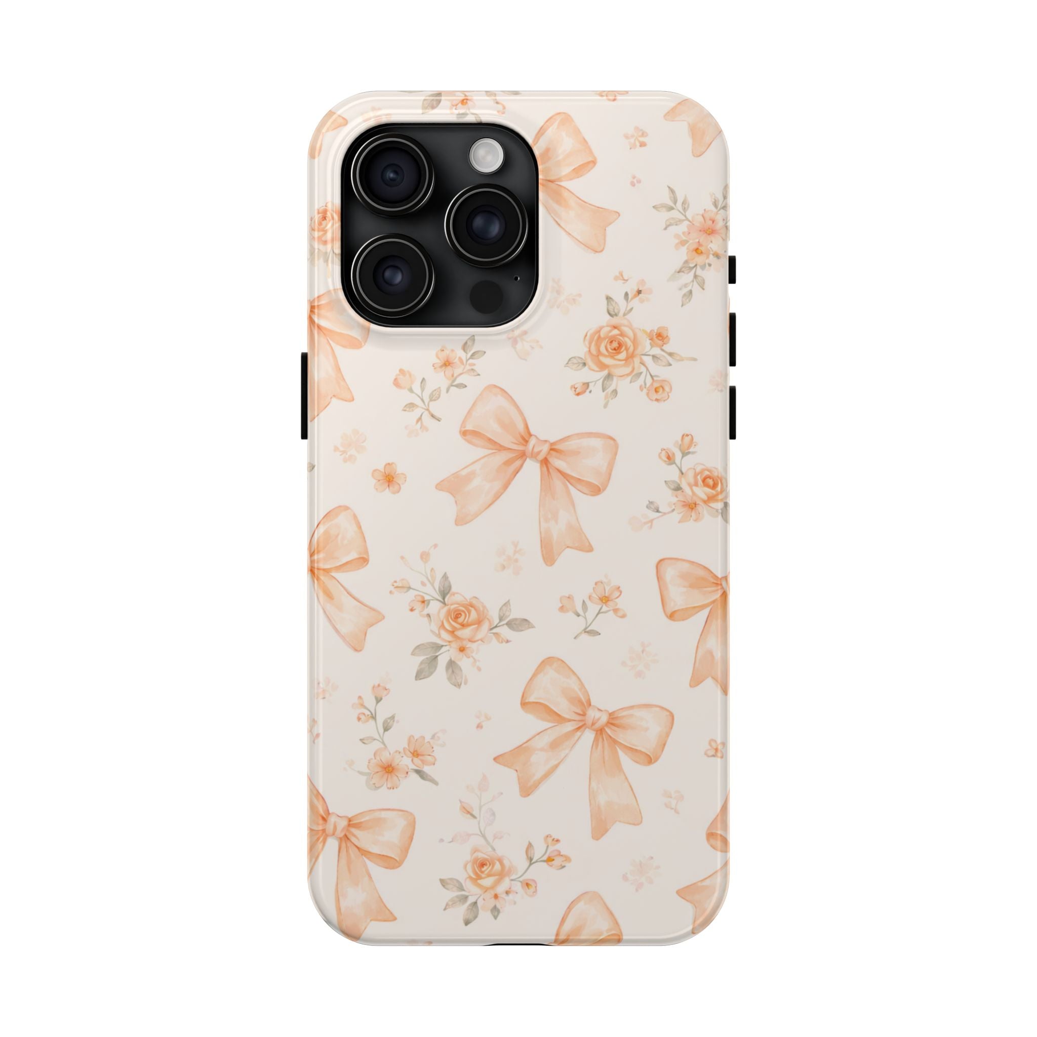 Peach Bow Floral Pattern Tough Phone Case, Peach Ribbon Design
