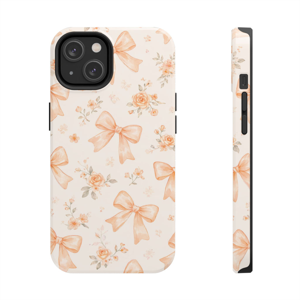 Peach Bow Floral Pattern Tough Phone Case, Peach Ribbon Design