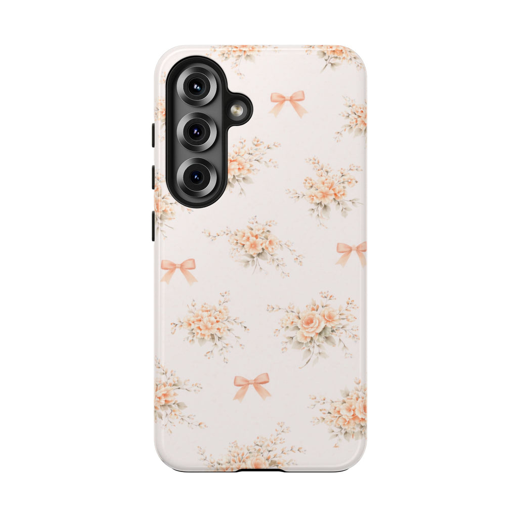 Vintage Peach Floral Bouquet Samsung Galaxy Case, Bow Pattern Pastel Floral